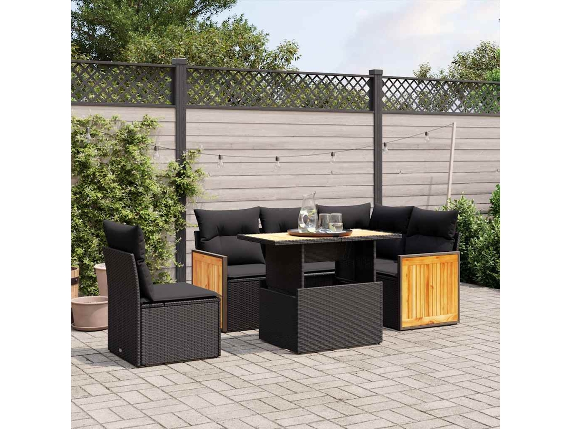 Vidaxl 6 Pcs Conjunto Sofás De Jardim C/ Almofadões Vime Pe Preto