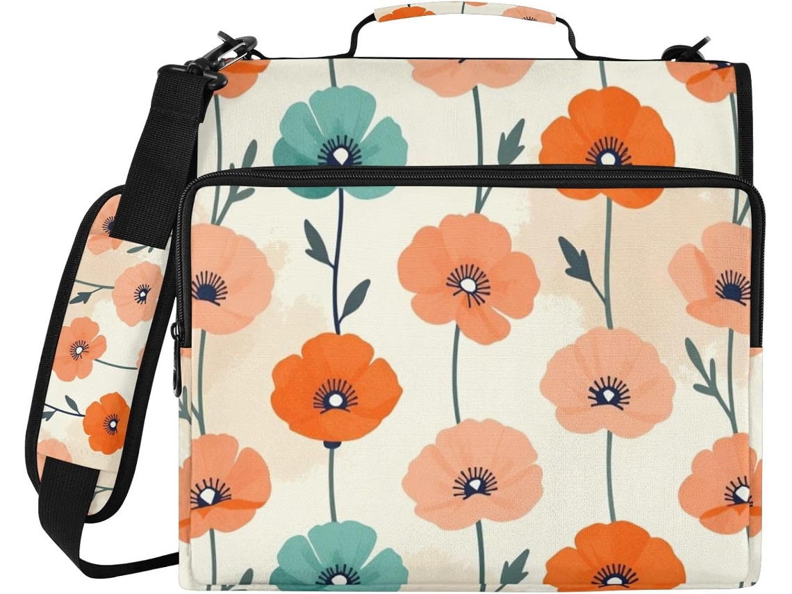 Pasta Escolar Poppy Boho Flower Com 3 Argolas, Zíper Data, Alça De Mão E Ombro Removível, Organizador Documentos