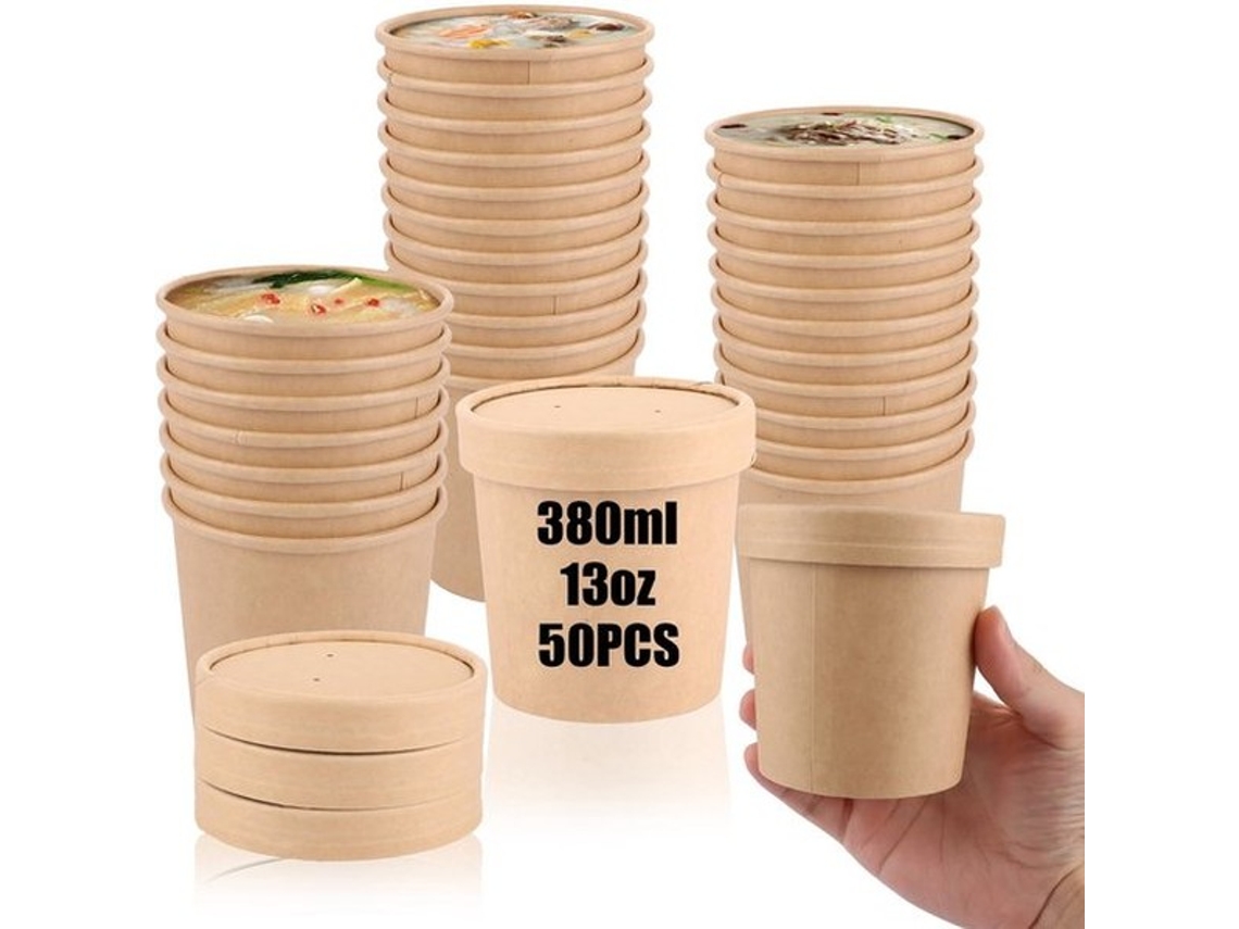 Escolha Sólida - Copos De Papel 380 Ml - 50 Unidades - Tazas De Sopa Em Cartão - Pratos Para Sorvete - Resistente Ao Micro-ondas - Com Tampão