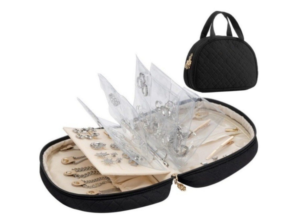 (preto) Bolsa Organizadora De Joias Para Viagem, Inclui Estojo Para Anéis, Bolsa Para Joias E Estojo Transparente Com Zíper.