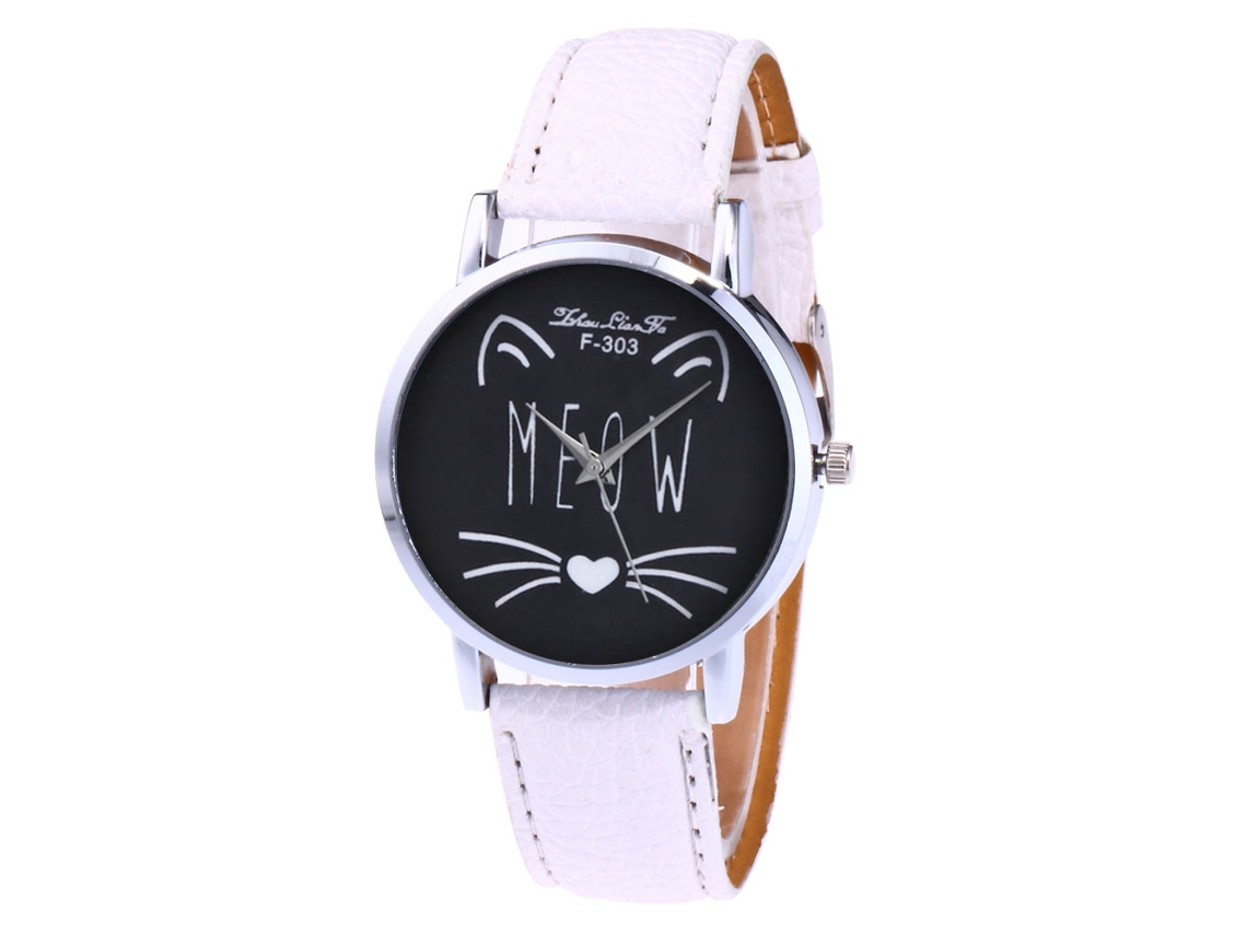 Relógio de pulso de quartzo unissex com pulseira de couro, estampa de gato branco.