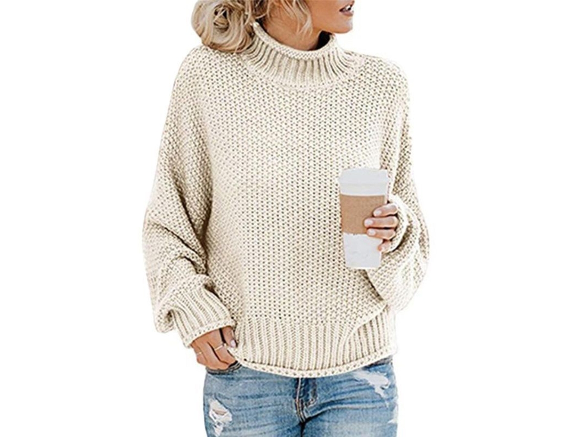 Suéter feminino de gola alta em tricô, modelo 2026, ideal para o inverno, manga longa, estilo casual, em poliéster.