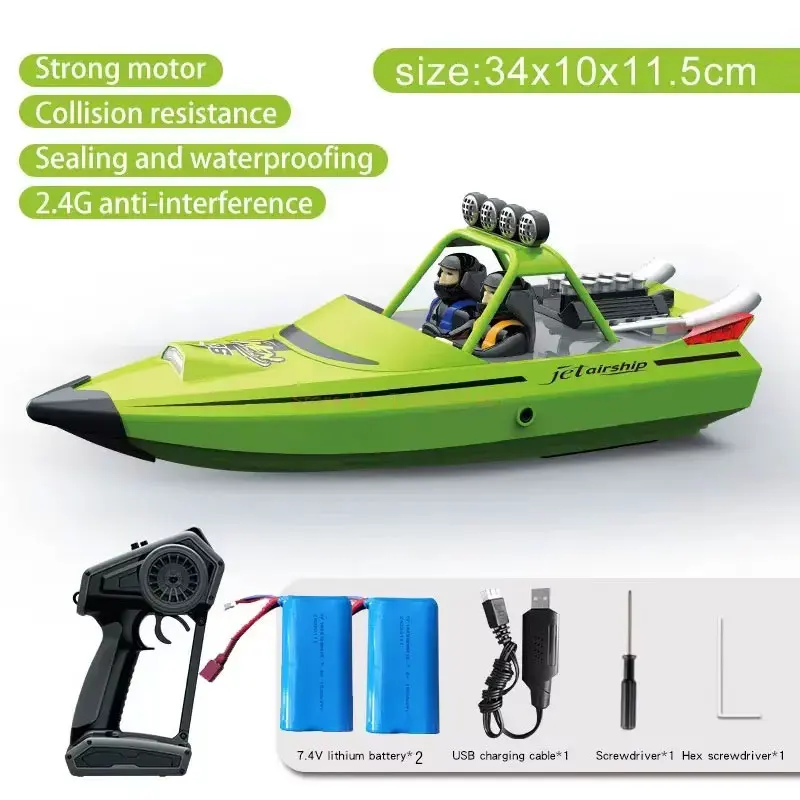 (verde, 2 baterias) Barco elétrico turboalimentado de alta velocidade com controle remoto Semi Fio 2.4g