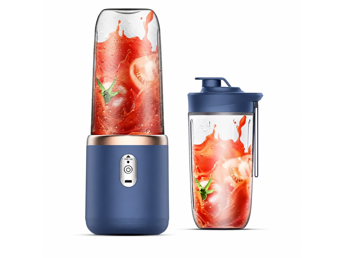 Liquidificador Portátil Recarregável Azul, 2 Copos, Lâmina De 6 Pontas E Tampa Desportiva
