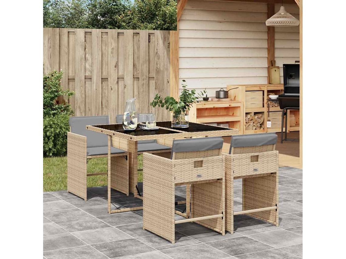 Vidaxl 5pcs Conj. Jantar Jardim C/ Almofadões Vime Pe Bege Misturado