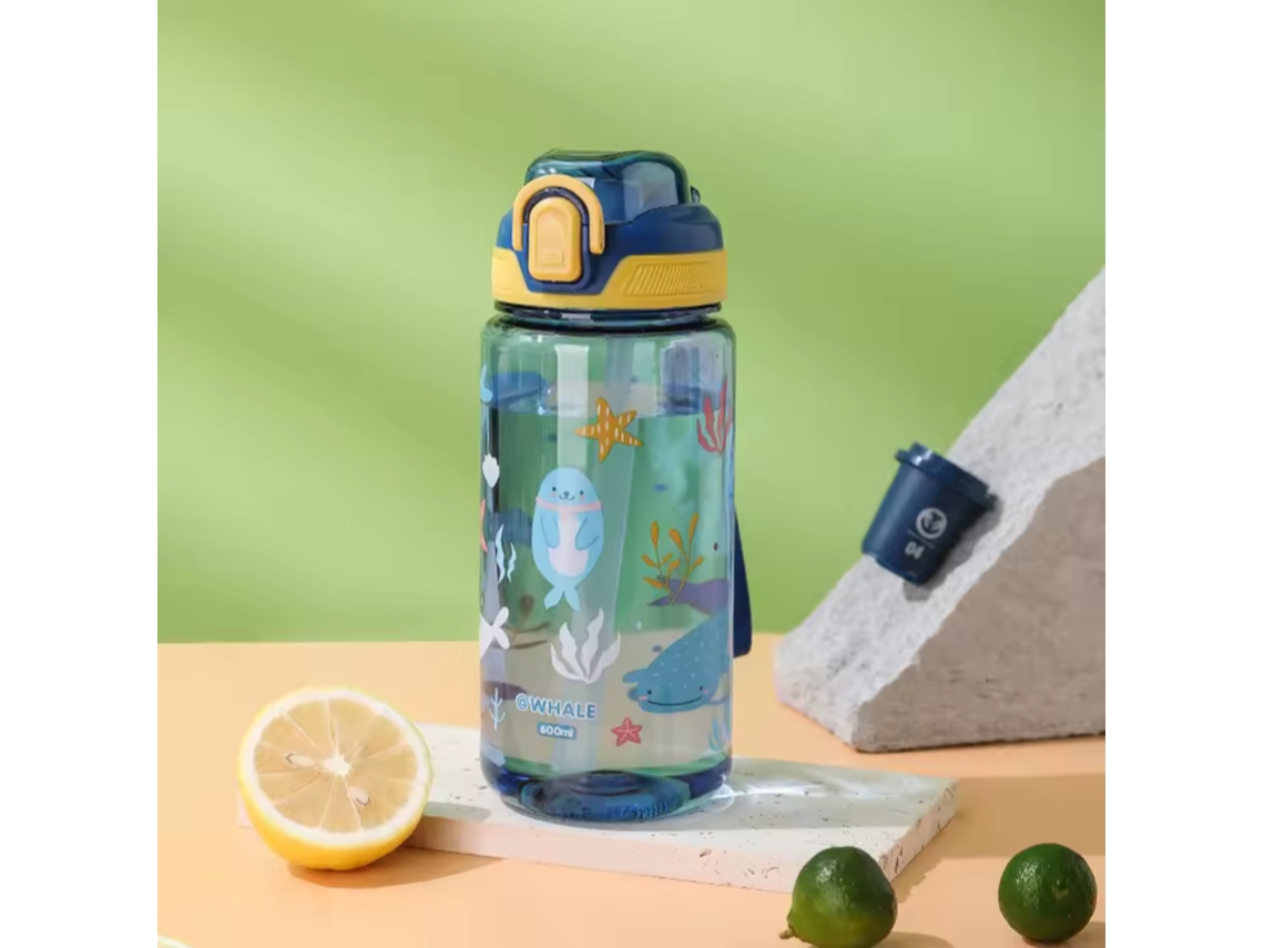 (azul) Garrafa De Água Infantil De 600ml Com Alça De Ombro E Tampa À Prova De Vazamentos, Design De Desenho Animado.