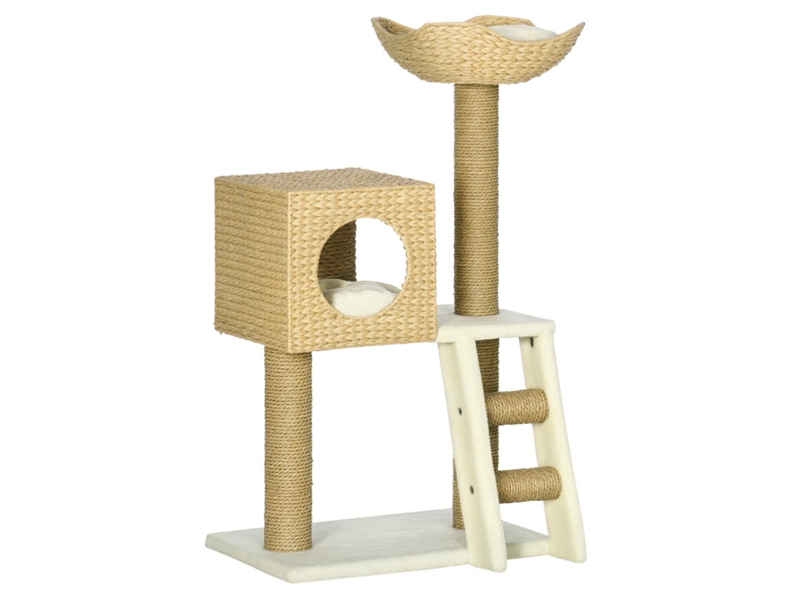 Arranhador com Cama Superior, Caverna, 2 Almofadas, 2 Postes e Escada, Dimensões 57x37x100,5cm na Cor Bege