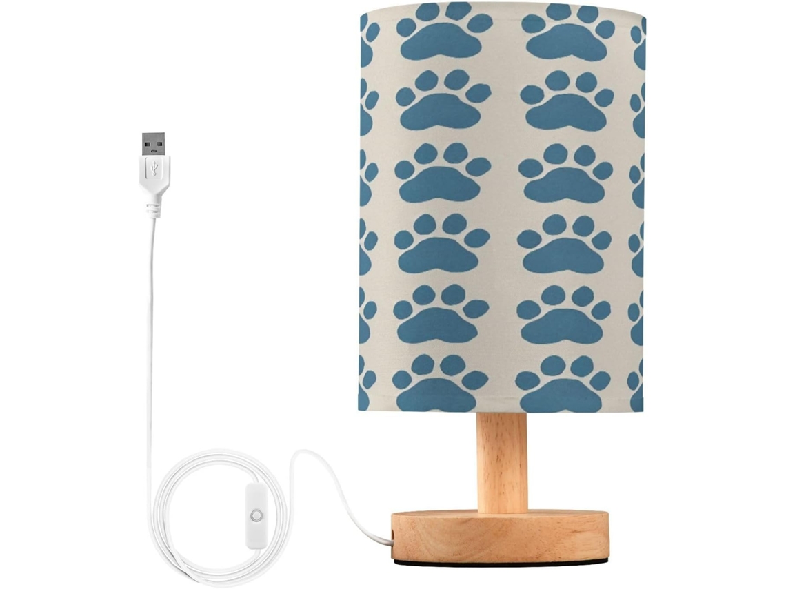 Abajur De Cabeceira Led Com Estampa Pata Cachorro Para Quarto, Luminária De Leitura Com Portas Usb E Cúpula Tecido Para