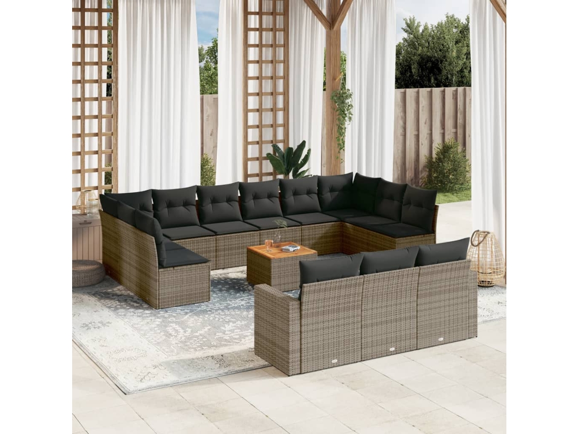 Vidaxl 14 Pcs Conjunto Sofás P/ Jardim C/ Almofadões Vime Pe Cinzento