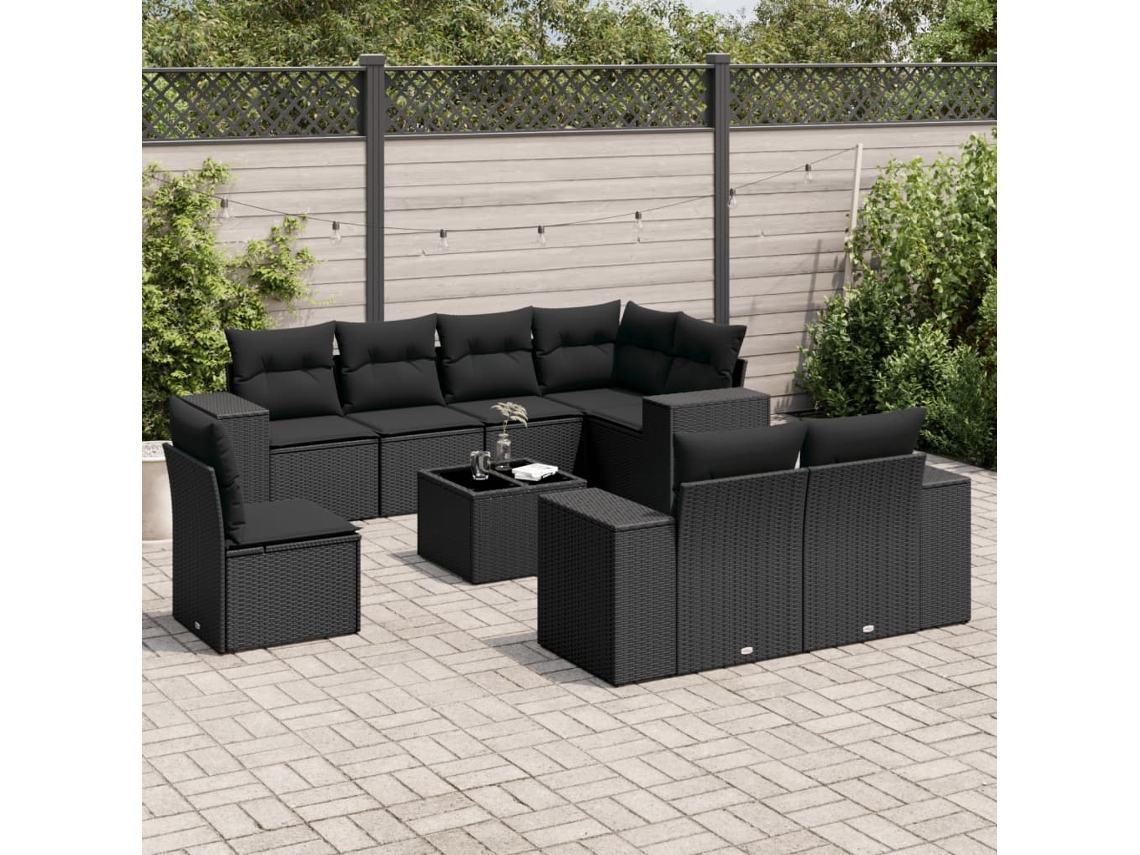Vidaxl 9 Pcs Conjunto De Sofás P/ Jardim C/ Almofadões Vime Pe Preto