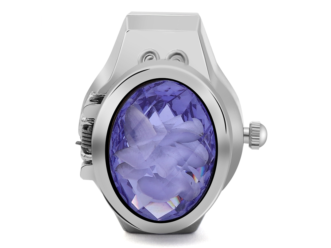 Relógio Anel Mulher Quartzo com Capa Flip Flor 3d Elíptica Roxo