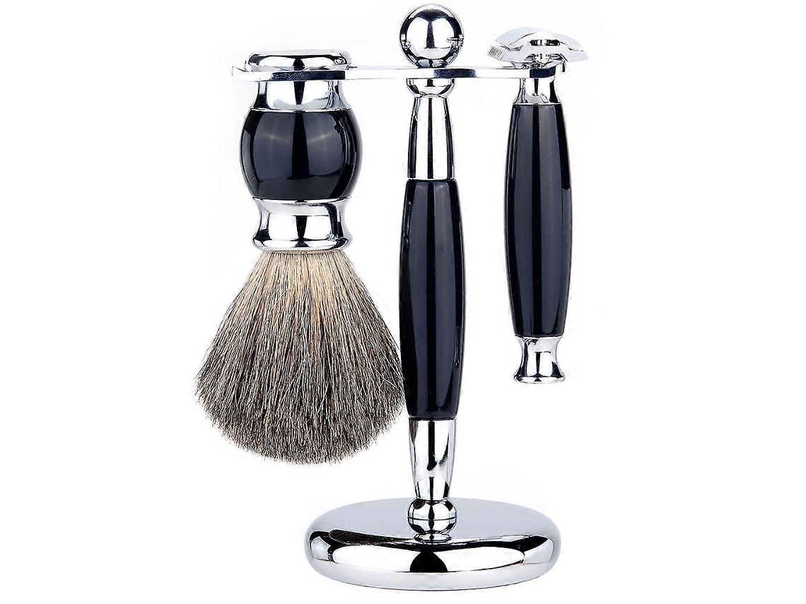 Conjunto De Barbear Com Cabos Pretos E Suporte Cromado