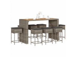 Vidaxl 9 Pcs Conjunto De Bar P/ Jardim C/ Almofadões Vime Pe Cinzento
