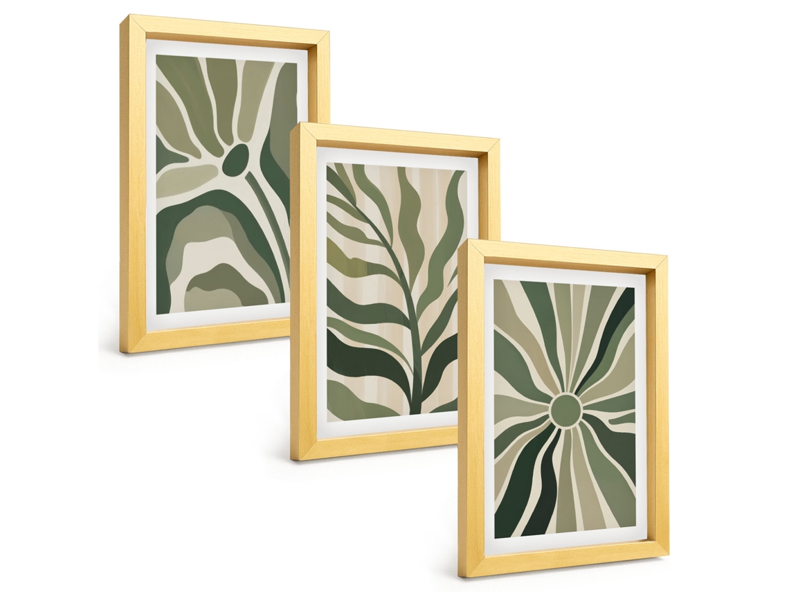 Composição De Quadrospadrões De Plantas Em Bege E Verde Moldura Dourada Imagens Para Um Quarto Infantil Espelharte (3 Peças 20x30 Cm)
