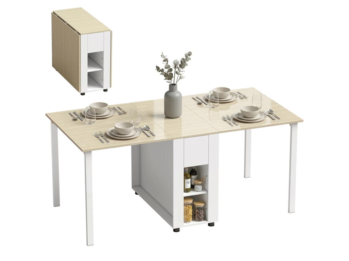 Mesa Dobrável para 6 Pessoas. Mesa de Jantar Extensível de 168 Cm com 2 Gavetas e 4 Compartimentos de Armazenamento Ge