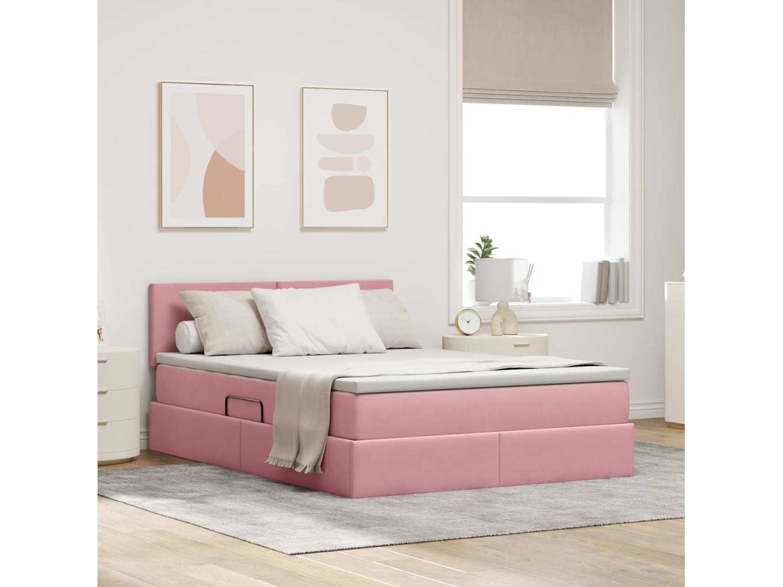 Vidaxl Cama com Armazenamento com Colchão Rosa 140 X 200 Cm Veludo