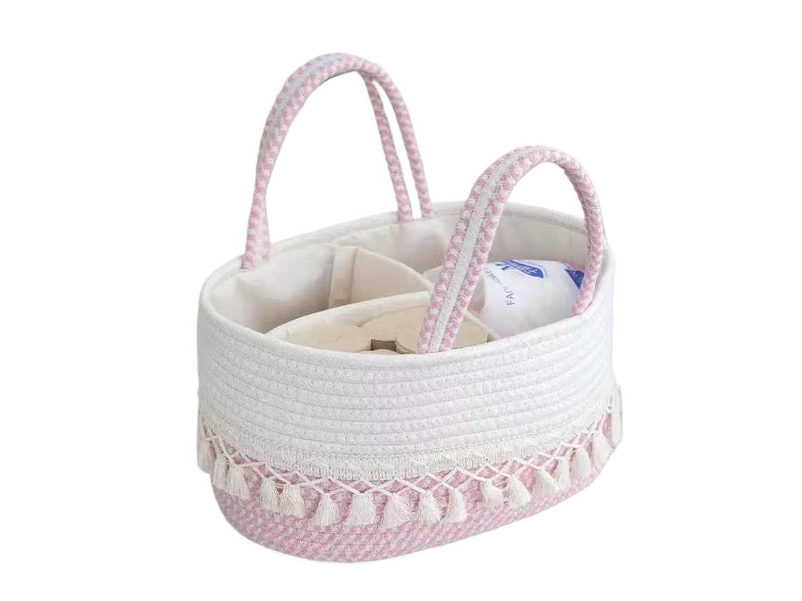 Caixa Organizadora Para Fraldas De Bebê, Cesto Para Guardar Produtos De Higiene Do Bebê, Rosa E Branco Com Borla Tommy01.