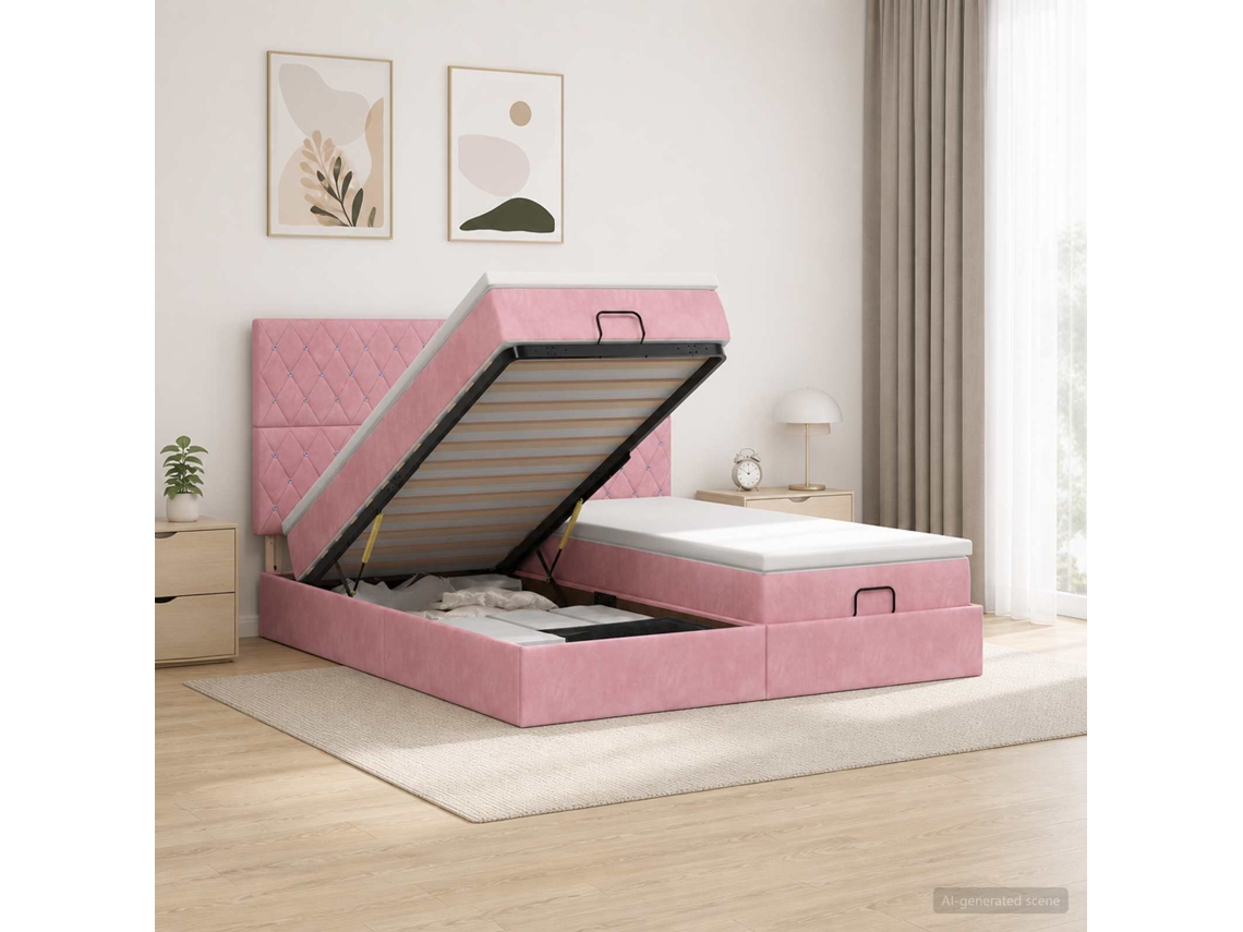 Vidaxl Cama Ottoman Com Colchão E Led Rosa 200 X 200 Cm Veludo