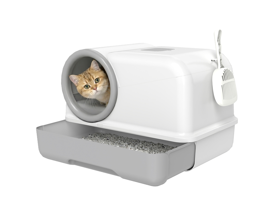 Caixa de Areia do Gato Fechada com Bandeja. Bolsa de Desodorante e Sacos. nas Páginas 59x39,5x39,5 Cm. Branco e Cinza Ge