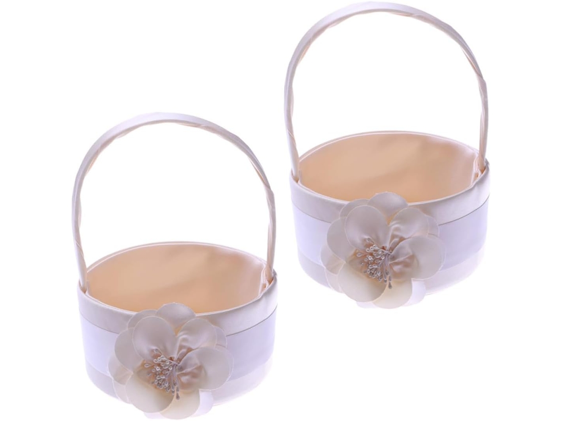 Conjunto De 2 Cestas Redondas De Cetim Branco Para Flores.