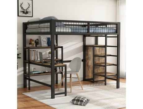 Cama Alta Multifuncional Escada Prateleiras Roupa Embutido Escrivaninha Pangshiyaun Preto (180x249x145cm)
