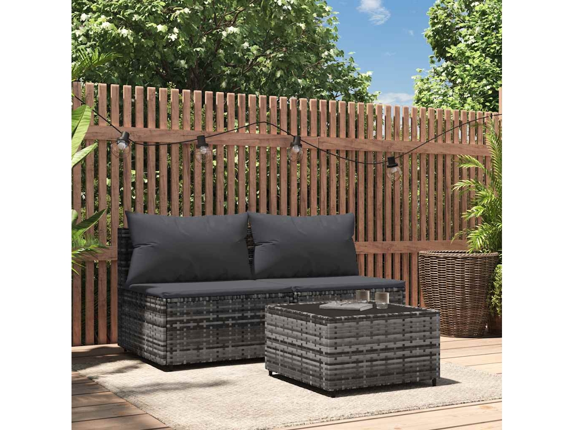 3 Pcs Conjunto Lounge De Jardim C/ Almofadões Vime Pe Cinza Dkd Home Decor