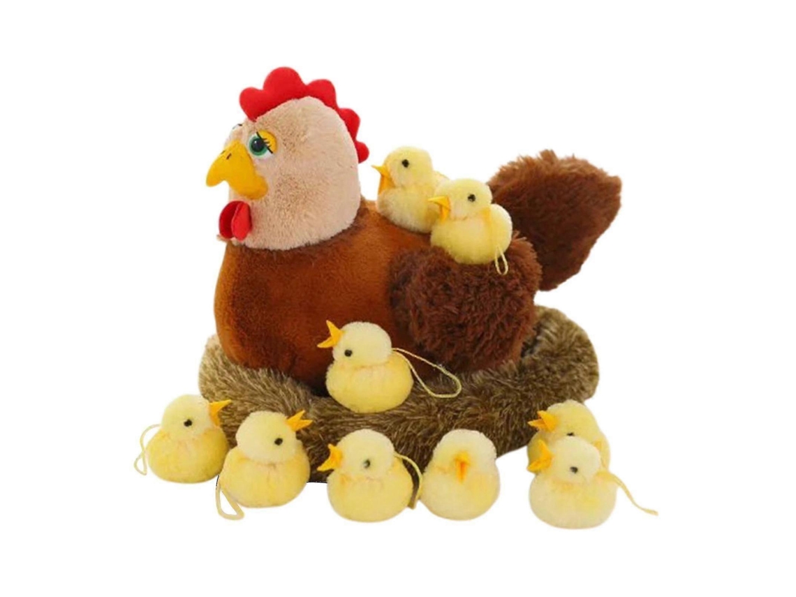 Pelúcia Galinha Maternal 13,8 Polegadas Com Galinheiro 10 Filhotes E Som De Galo