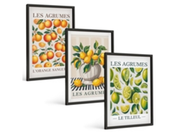 Conjunto De Pinturas Frutas Cítricas Coloridas Moldura Preta Imagens Para Um Quarto Infantil Espelharte (3 Piezas De 40x60 Cm)