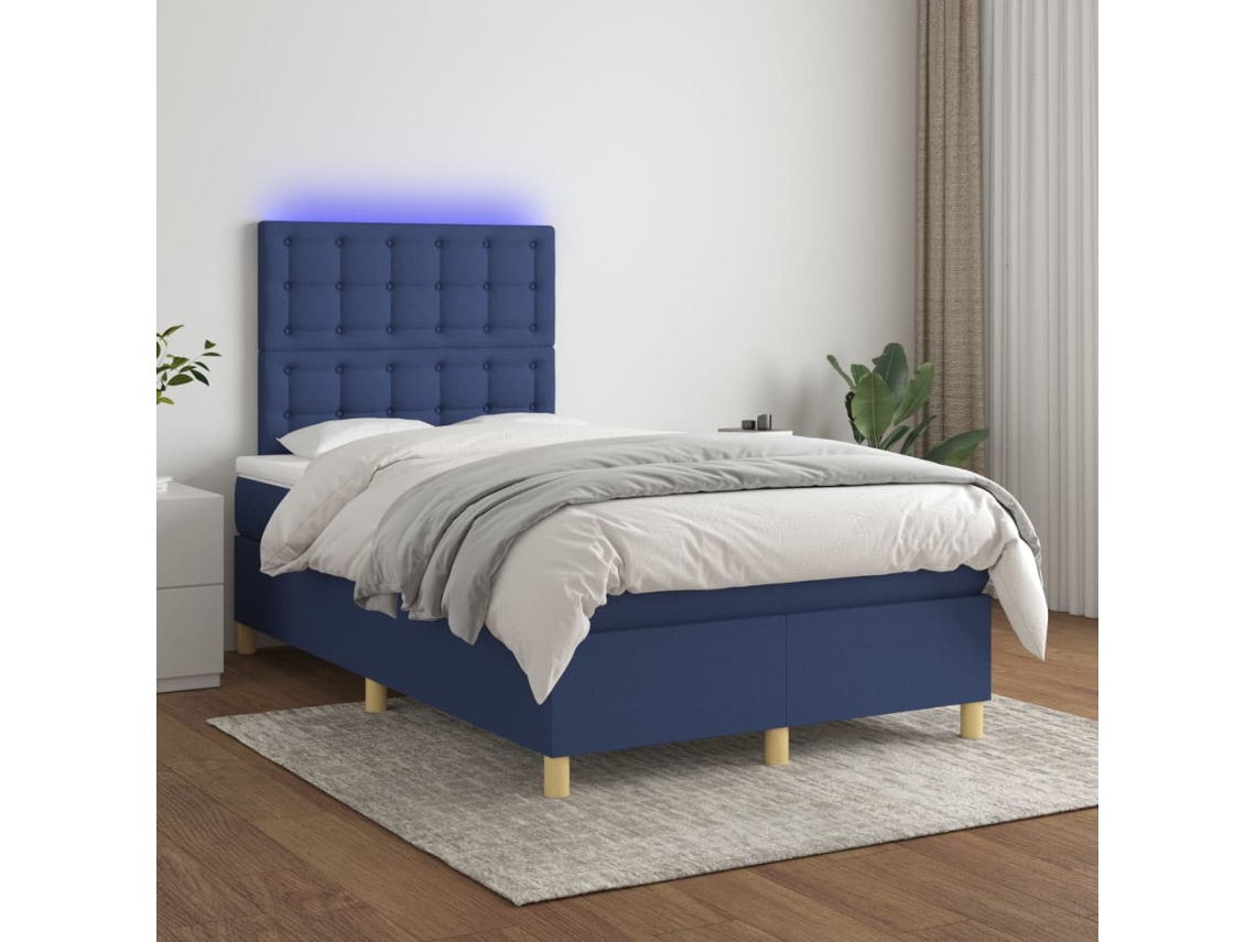 Vidaxl Cama Box Spring C/ Colchão E Led 120x200 Cm Tecido Azul