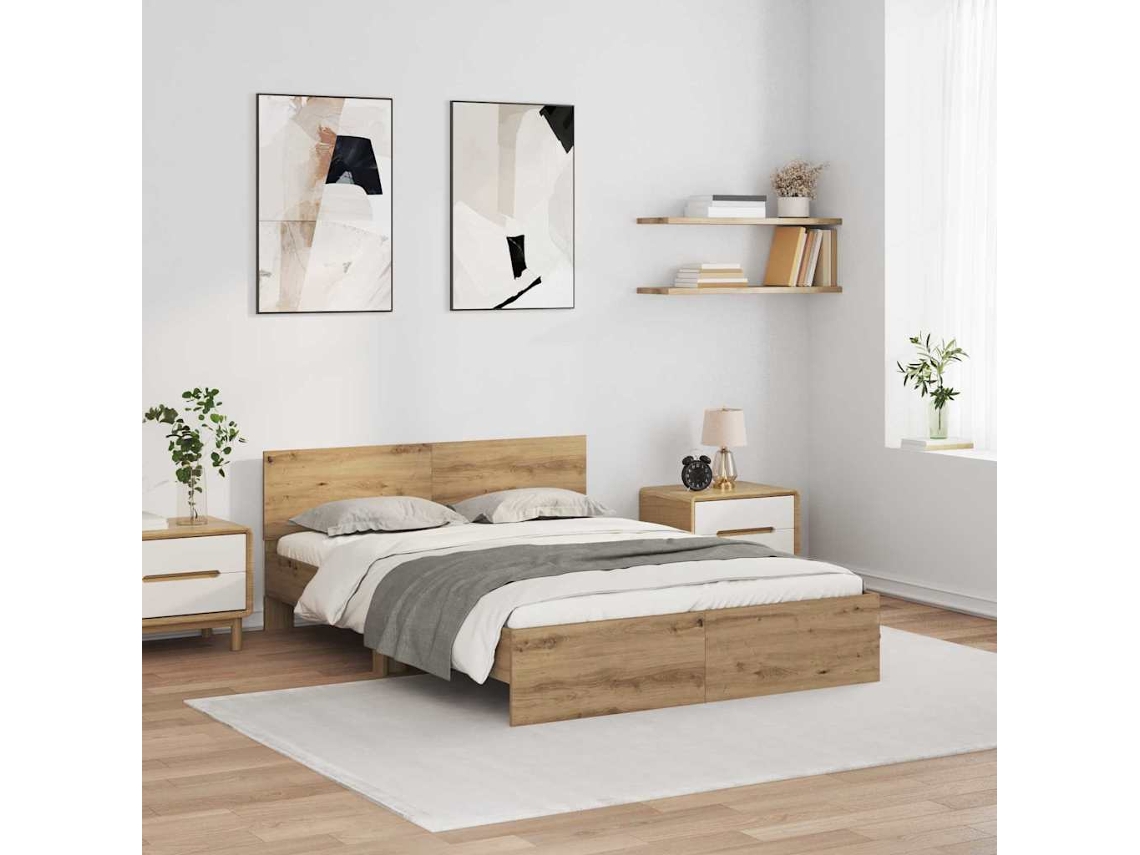 Vidaxl Estrutura Da Cama Com Fitas Led Carvalho Artesanal 135 X 190 Cm