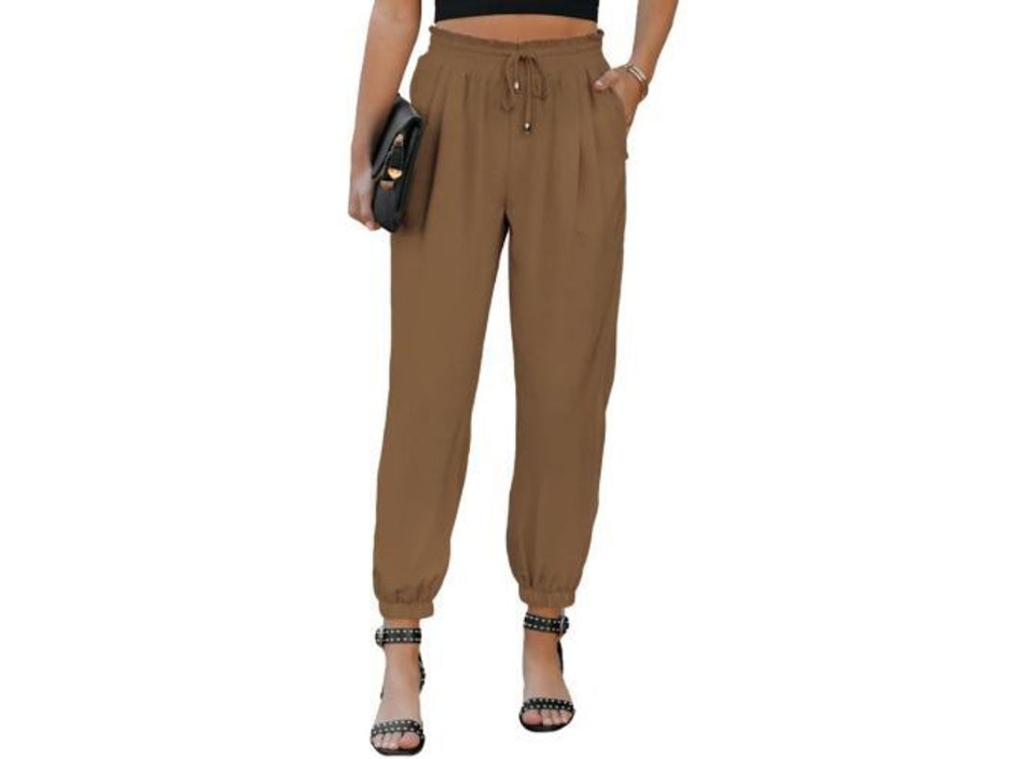 Calças Linen Casual Femininas com Cinto Elástico Cintura Alta e Bolsos | S/MARCA