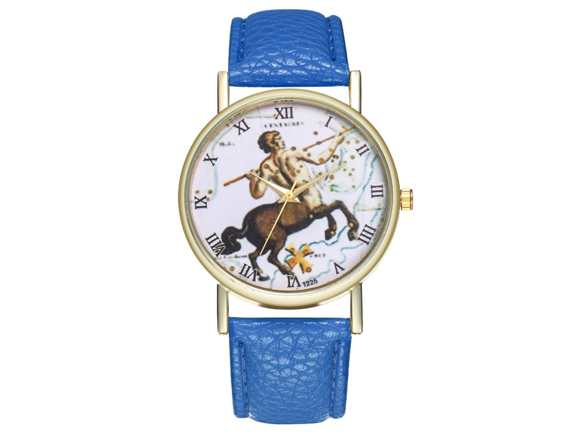 Relógio de Quartzo com Pulseira de Couro e Mostrador de Sagitário em Azul Real