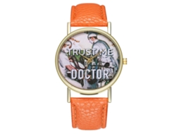 Relógio de pulso unissex Doctor Zhoulianfa laranja com pulseira de PU e mostrador redondo.