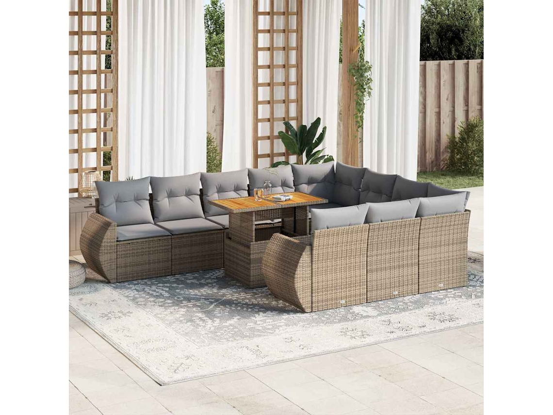 Vidaxl 11 Pcs Conjunto Sofás De Jardim C/ Almofadões Vime Pe Bege