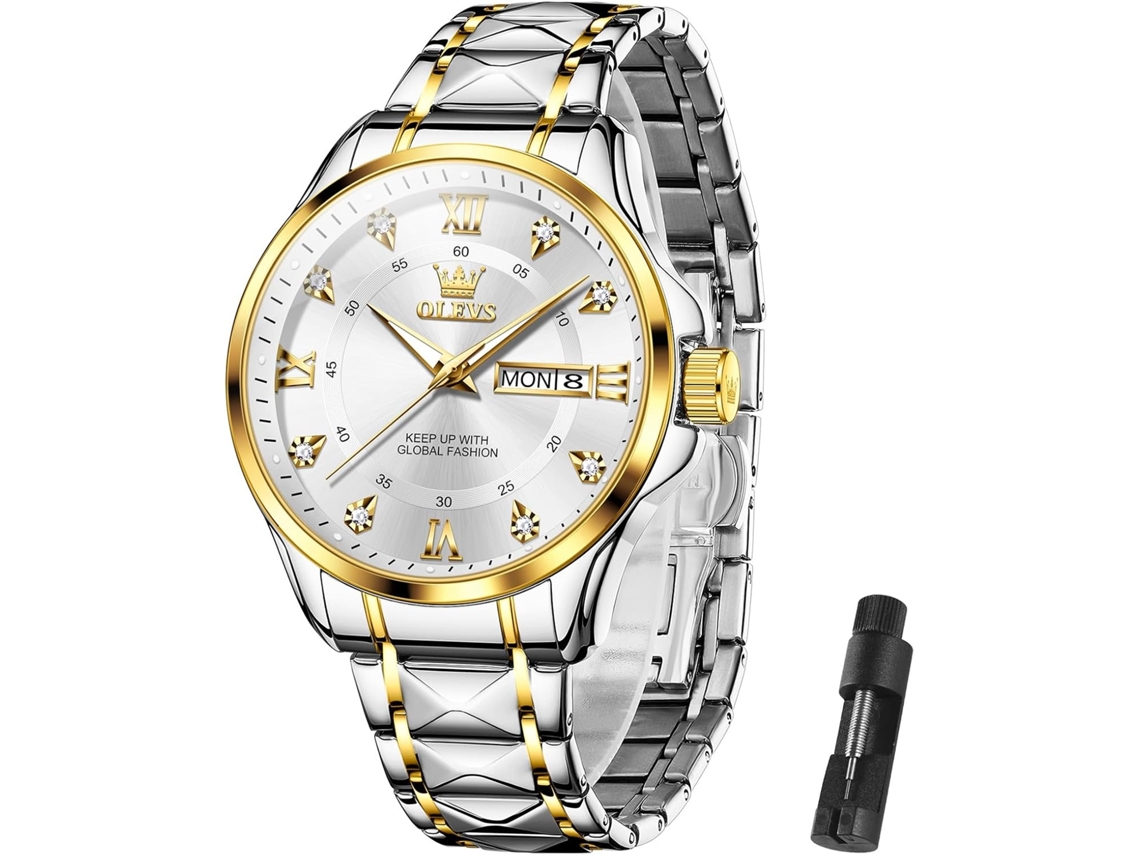 Lurelia Relógio Cronógrafo Masculino, Movimento De Quartzo, Luminoso, Detalhes Com Strass, Aço Inoxidável, Dourado