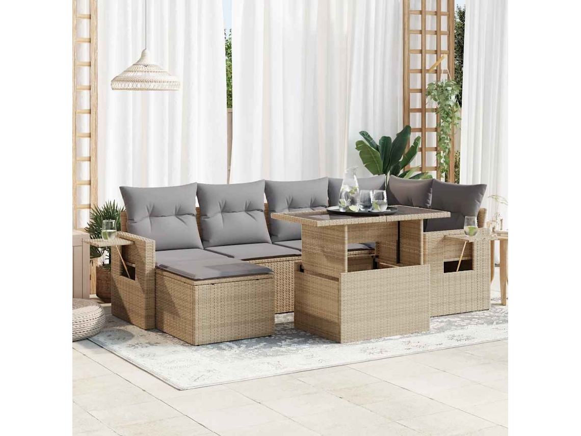 Vidaxl 7 Pcs Conjunto De Sofás P/ Jardim Com Almofadões Vime Pe Bege