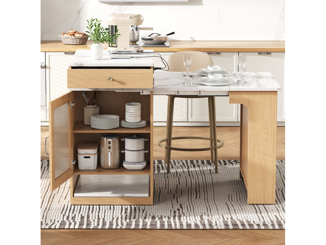 Ilha De Cozinha Móvel Tampo Amovível Com Tomadas Versátil Acabamento Natural Cozinha E Sala De Jantar