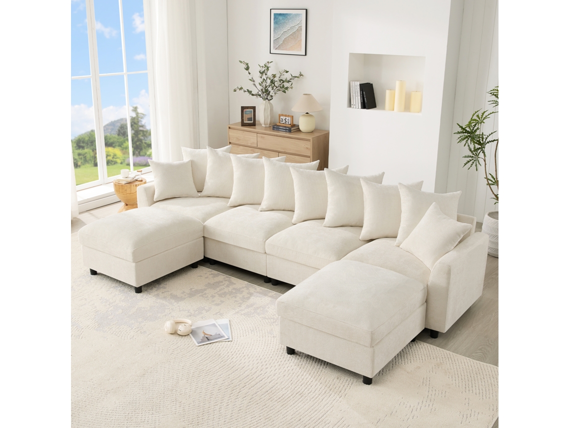 Sofá De Canto Modular U/l 6 Lugares Em Chenille Texturado Com 2 Pufes Móveis, Usb-c E Almofadas Ajustáveis, Bege