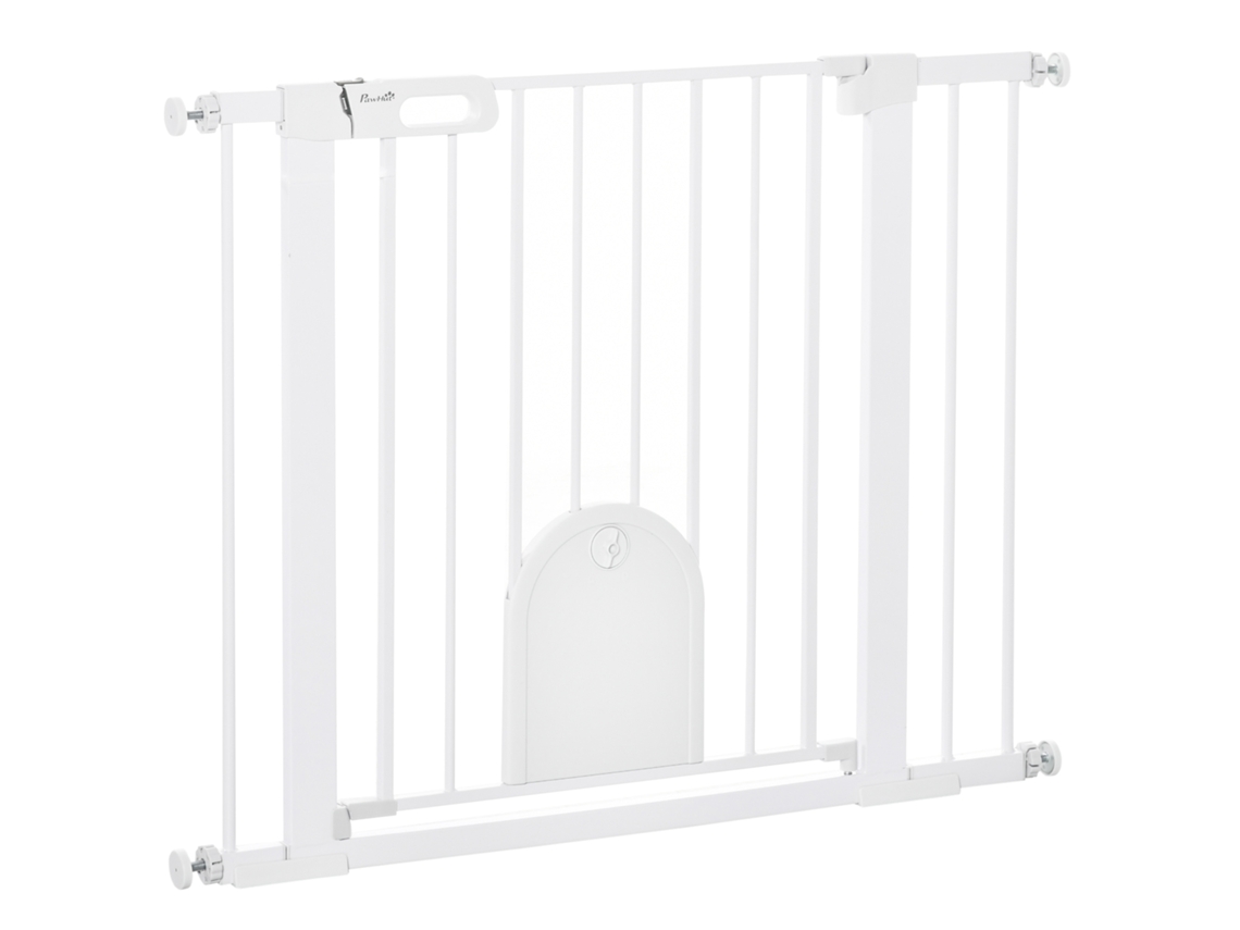 Barreira de segurança para cães, 75-103cm, com 2 extensões, automático, aço, branco