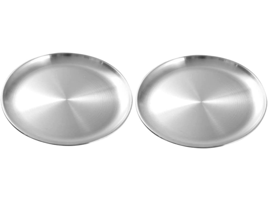 Conjunto de 2 bandejas redondas multifuncionais em aço inoxidável para churrasco.