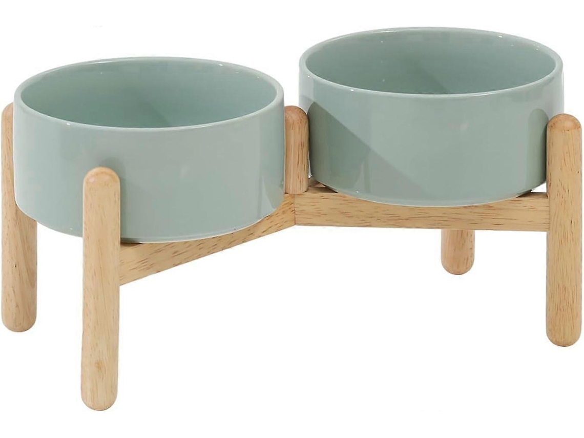 Tigela Elevada de Cerâmica com Suporte para Cães de Porte Médio e Grande, para Ração e Água (tigela Dupla com Suporte, Verde Claro AQUAFORGE