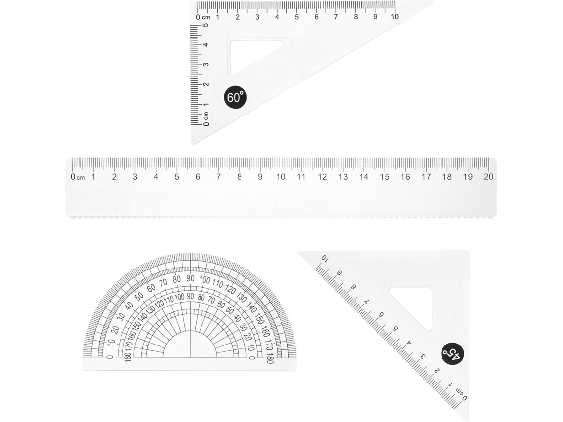 Conjunto Geométrico 4 Peças Em Transparente, Régua Inquebrável De 20 Cm, Esquadro Transferidor, Ferramenta