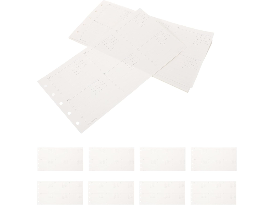 Agenda compacta de 20 folhas de papel branco com 5 furos, sem data e à prova de borrões para planejamento.