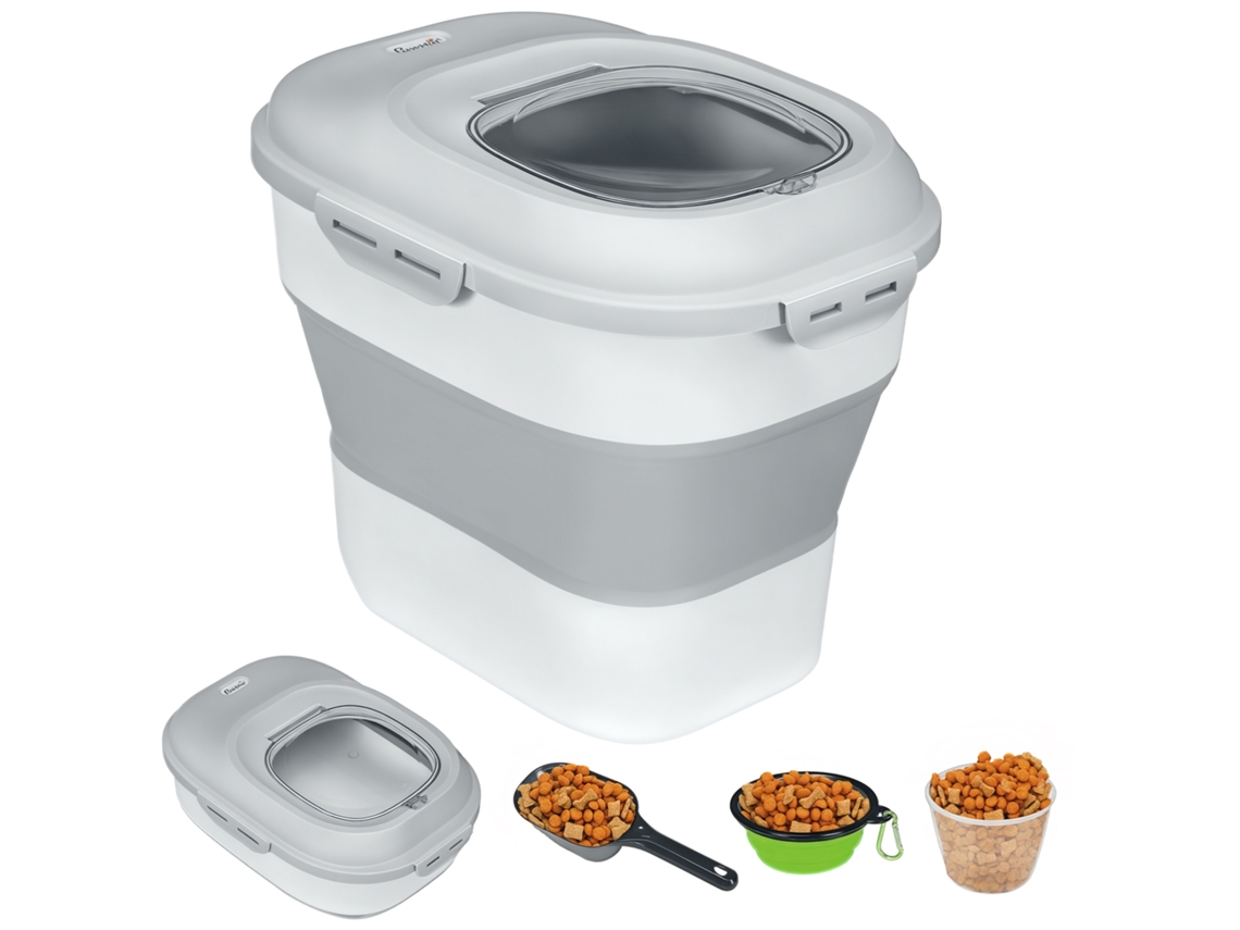 Recipiente de Ração Seca Dobrável, Até 25kg, com Acessórios 44x32x37cm Cinza