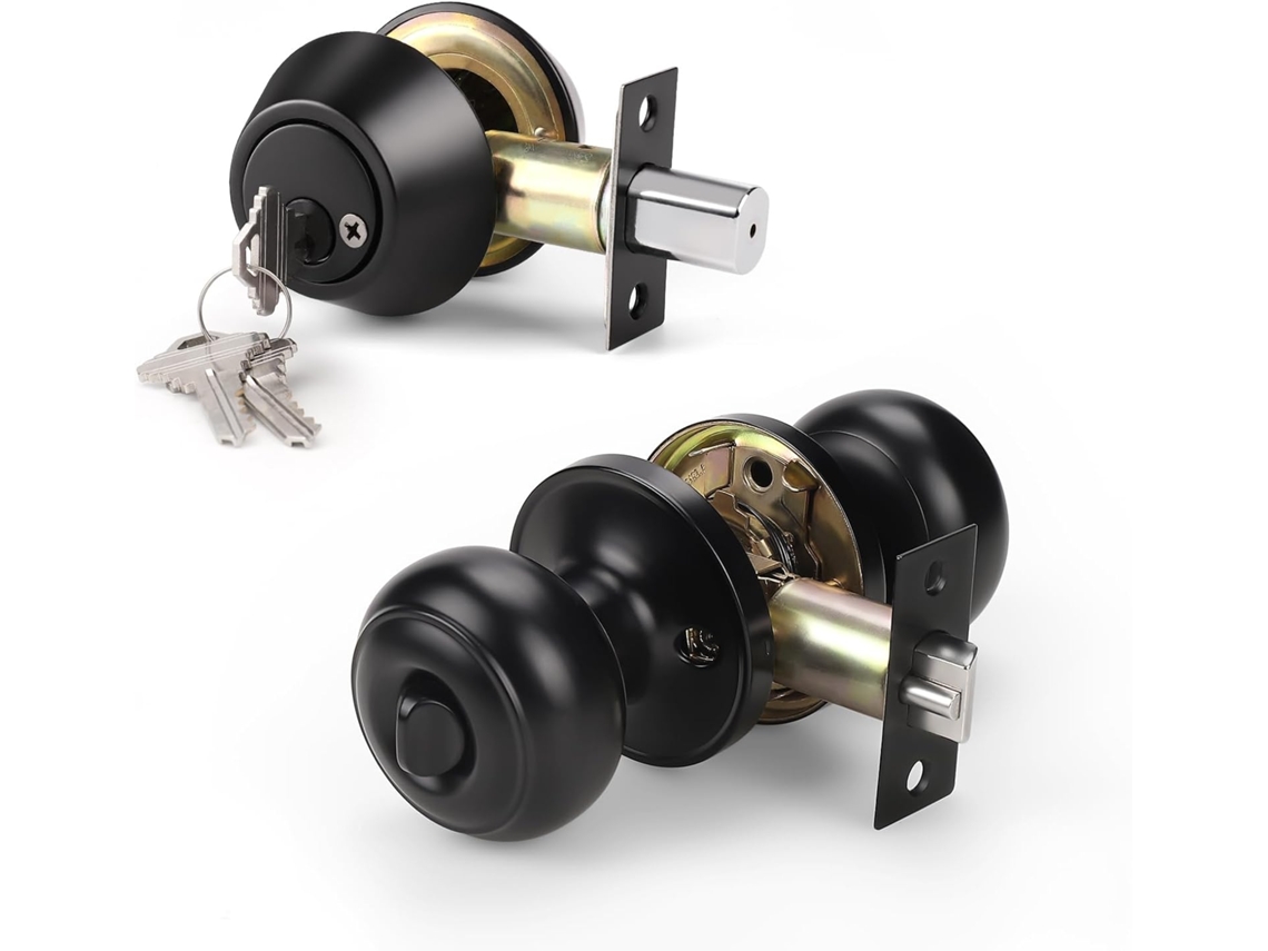 Conjunto De Maçaneta E Trinco Preto Fosco, Com Chave Única, Para Portas De 1-3 8a 4 Polegadas