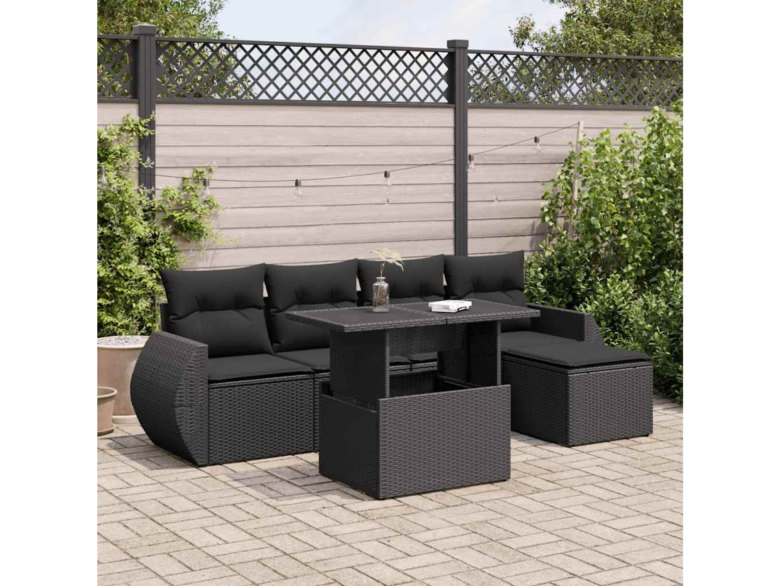 Vidaxl 6 Pcs Conjunto Sofás De Jardim C/ Almofadões Vime Pe Preto