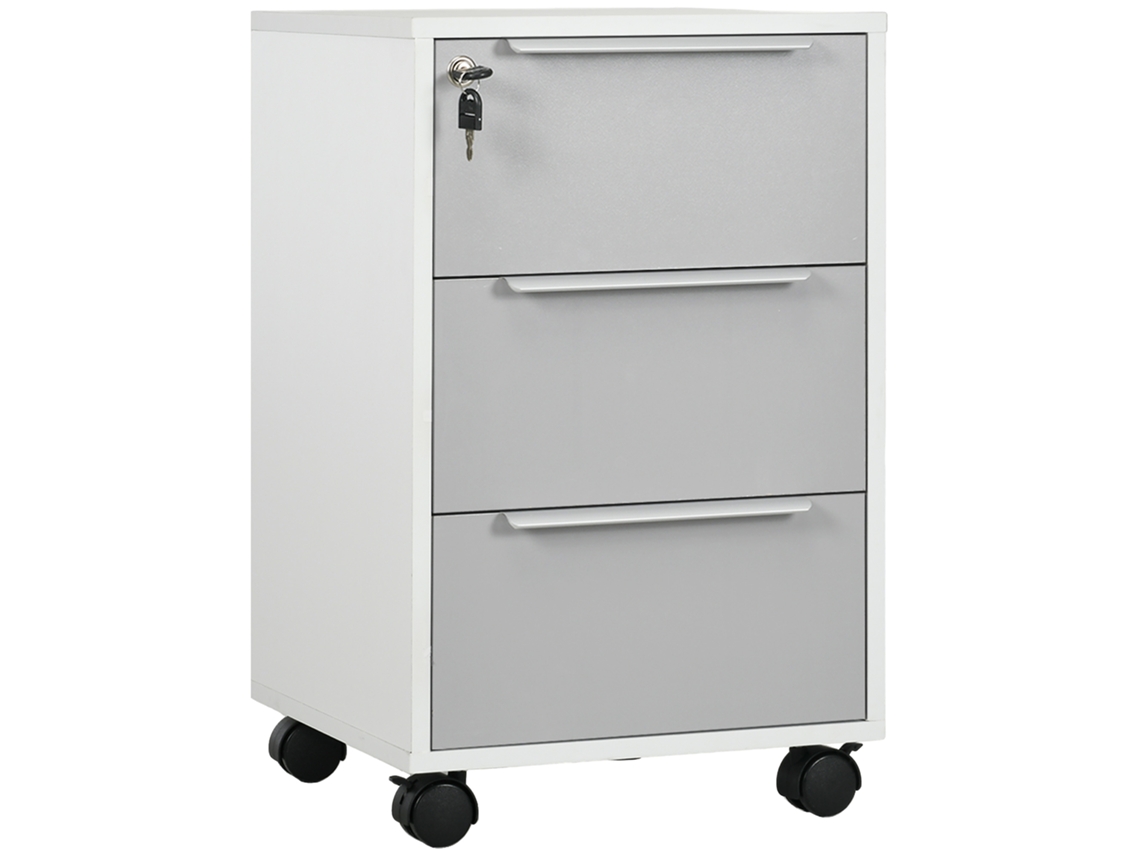 Unidade de Mesa com Rodas com 3 Gavetas e Trava de Lima Branca e 40 X 40 X 63,5 Cm Cinza