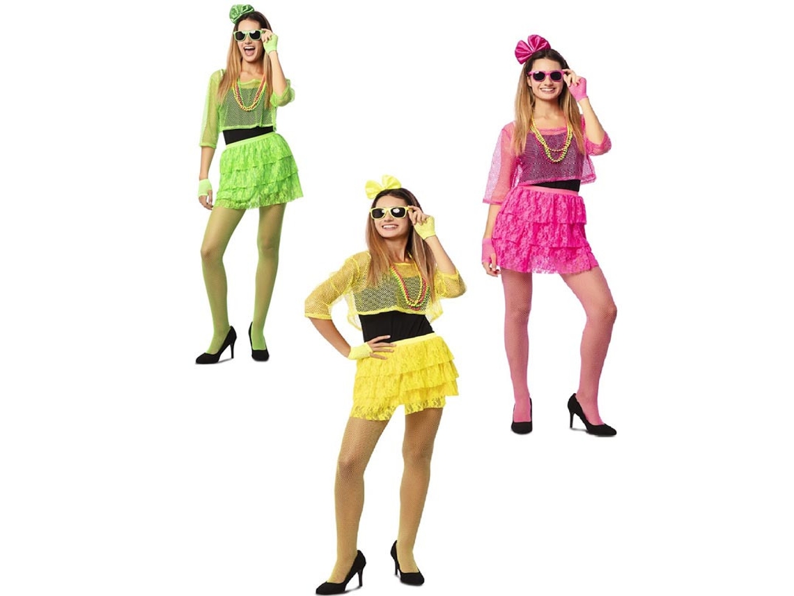 Fato de néon menina dos anos 80 em várias cores para mulher
