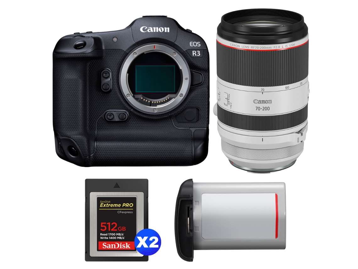 Eos R3 + Rf 70 200mm F/2.8 L Is Usm + 2 Sandisk 512gb Extreme Pro Cfexpress Type B + Canon Lp e19 + Ebook “20 Dicas para Fotos Que Impressionam” CANON