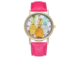 Reloj De Pulsera Unisex De Cuarzo Con Correa Pu Y Dial Redondo Patrón Piña (rojo Rosa)